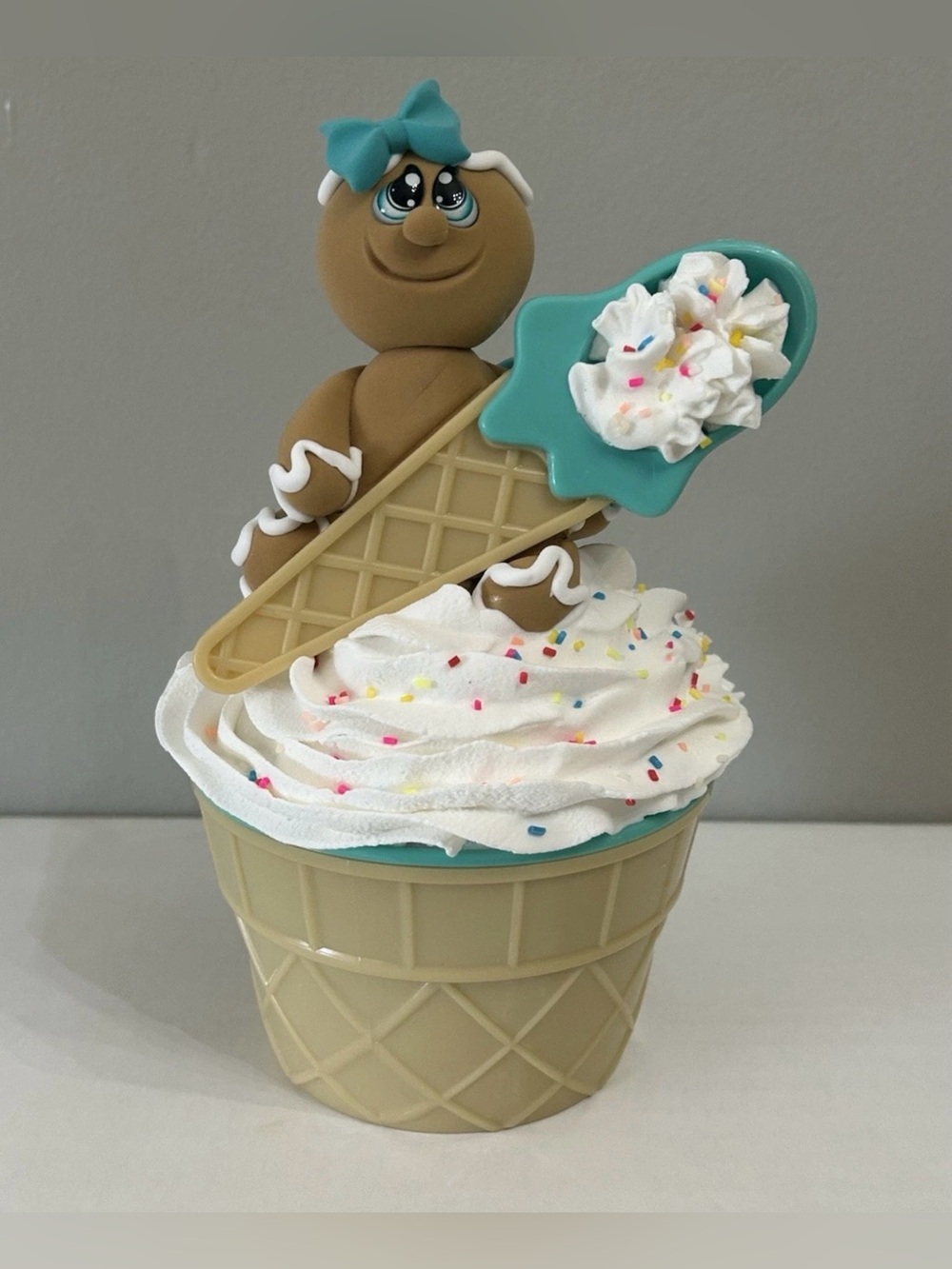Handmade Fake Gingerbread Ice Cream Dessert Bowl Blue Teal